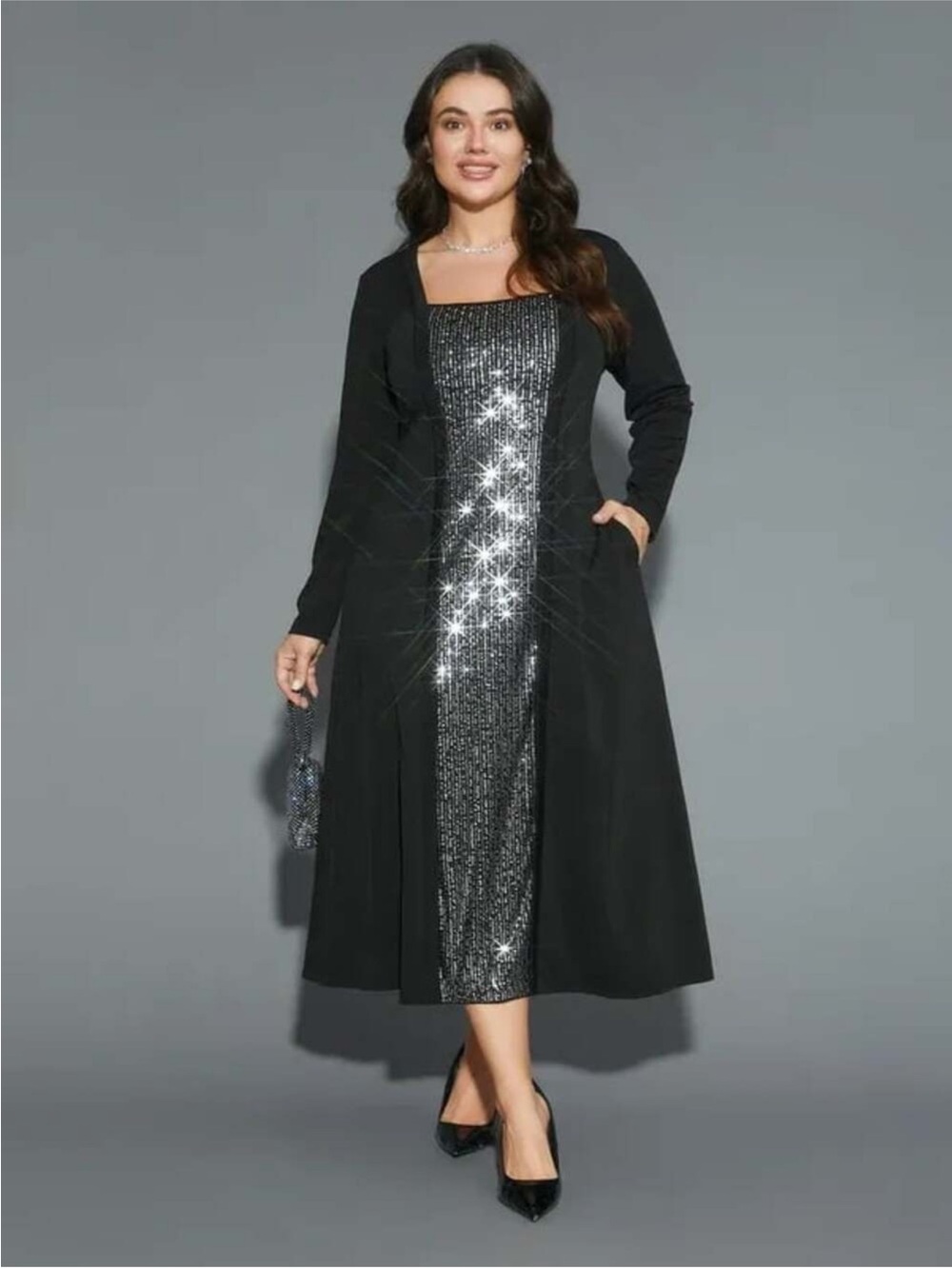 BloomChic Black Sequin Patchwork Midi Dress size 1X (14-16)